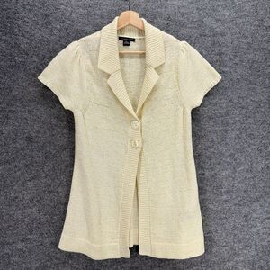 August Silk Knit Top Women L Large Beige Button Up Collared Short Sleeve Acrylic